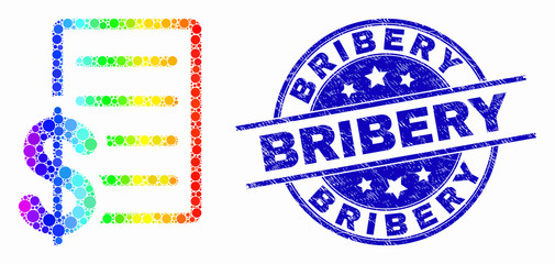 Dotted bright spectral price list mosaic icon and Bribery stamp. Blue vector round textured seal stamp with Bribery text. Vector collage in flat style.