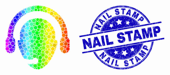 Dot rainbow gradiented operator head mosaic icon and Nail Stamp seal stamp. Blue vector round grunge seal stamp with Nail Stamp caption. Vector collage in flat style. - obrazy, fototapety, plakaty