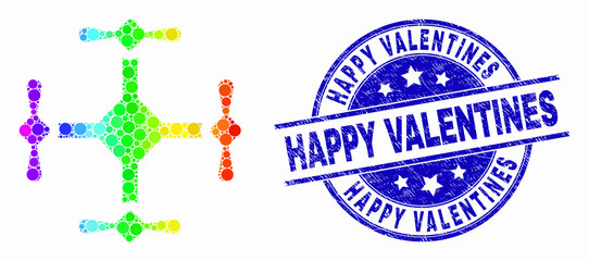 Pixel bright spectral quadcopter mosaic icon and Happy Valentines seal stamp. Blue vector rounded scratched seal with Happy Valentines phrase. Vector composition in flat style.