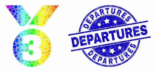 Pixelated bright spectral third place award mosaic pictogram and Departures watermark. Blue vector rounded grunge watermark with Departures title. Vector composition in flat style.