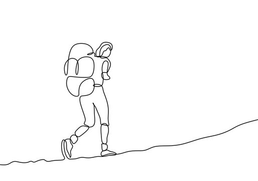one line drawing of traveler walking continuous design. Woman doing hiking on mountain outdoor