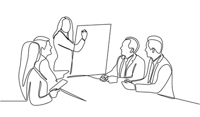Continuous line drawing of woman writing graph marketing executive on the board with group of business people having discussion in conference room. Creative business team brainstorming over project