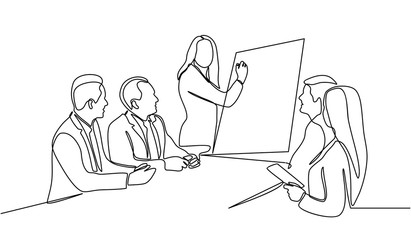 Continuous line drawing of woman writing graph marketing executive on the board with group of business people having discussion in conference room. Creative business team brainstorming over project