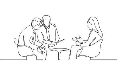 Continuous line drawing of group of business people having discussion in conference room. Creative business team brainstorming over new project isolated on white background