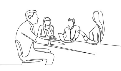 Continuous line drawing of group of business people having discussion in conference room. Creative business team brainstorming over new project isolated on white background