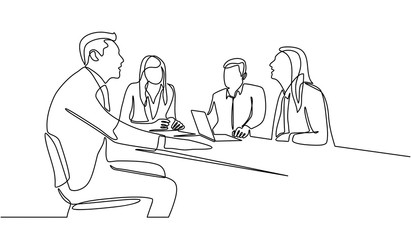 Continuous line drawing of group of business people having discussion in conference room. Creative business team brainstorming over new project isolated on white background