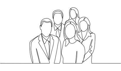 continuous line drawing of group of business men and women standing, working people on white background. Business team and teamwork concept. Vector template brochures, flyers, logo, print, banners.