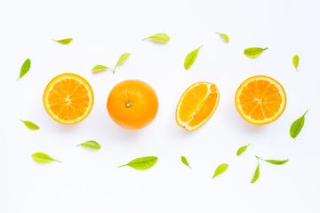 High vitamin C, Juicy and sweet. Fresh orange fruit with green leaves  on white.