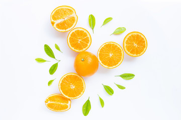 High vitamin C, Juicy and sweet. Fresh orange fruit with green leaves  on white.