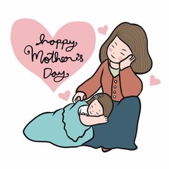 Daughter sleeping with mom, Happy Mother's Day cartoon vector illustration