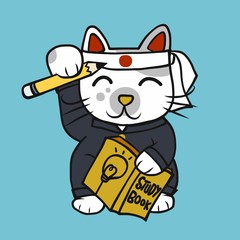 Student lucky cat with study book and pencil cartoon vector illustration