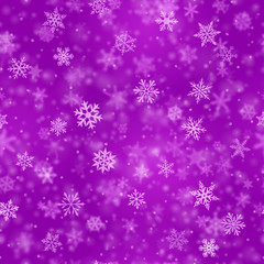 Naklejka na ściany i meble Christmas seamless pattern of complex blurred and clear falling snowflakes in purple colors with bokeh effect