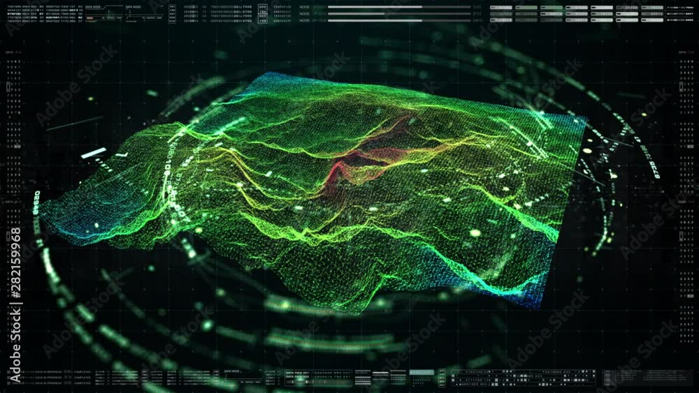 Poster Futuristic Holographic Terrain environment, geomorphology, topography and digital data telemetry information display motion graphic user interface head up display screen