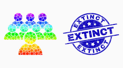 Pixelated bright spectral collective mosaic pictogram and Extinct seal stamp. Blue vector rounded scratched seal with Extinct caption. Vector combination in flat style.