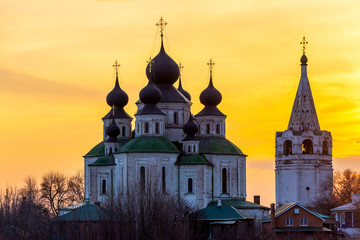 Fototapeta na wymiar Historical Church, resurrection Cathedral in Starocherkassk. Sunset sky above the Church. Beautiful domes. 1706-1719