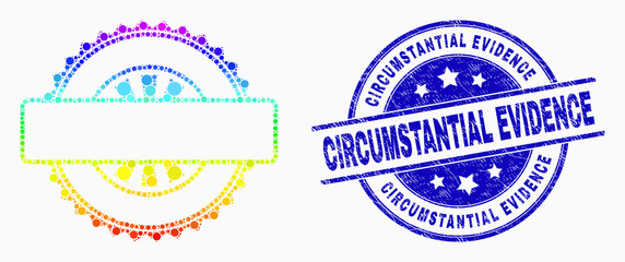 Pixelated rainbow gradiented seal stamp template mosaic pictogram and Circumstantial Evidence watermark. Blue vector round scratched seal stamp with Circumstantial Evidence title.