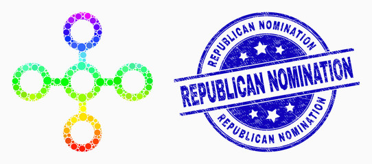 Obraz premium Pixel rainbow gradiented network node mosaic icon and Republican Nomination seal. Blue vector round distress stamp with Republican Nomination message. Vector composition in flat style.