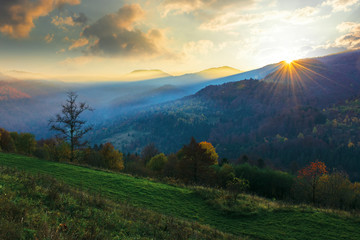 amazing foggy sunrise in autumn. beautiful mountain landscape at dawn. trees on the hill in fall...