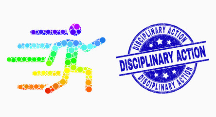 Dotted rainbow gradiented active person mosaic icon and Disciplinary Action watermark. Blue vector rounded textured watermark with Disciplinary Action caption. Vector combination in flat style.
