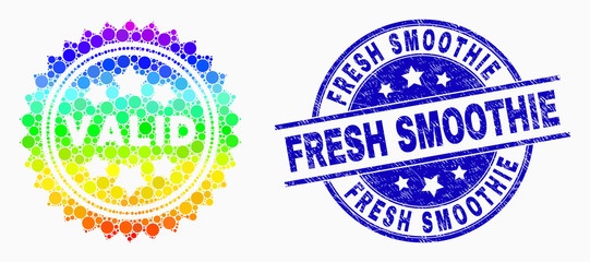 Obraz premium Dotted bright spectral valid stamp mosaic icon and Fresh Smoothie seal stamp. Blue vector round grunge seal stamp with Fresh Smoothie title. Vector composition in flat style.