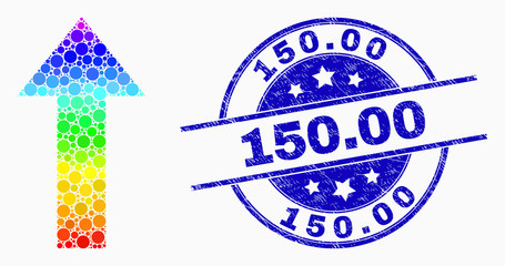 Pixel bright spectral arrow up mosaic icon and 150.00 stamp. Blue vector rounded scratched seal stamp with 150.00 caption. Vector composition in flat style.