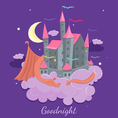 Castle on a cloud with a sleeping dragon. Fairy tale children illustration. Vector graphics.