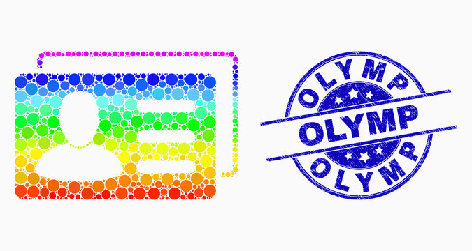 Pixel spectrum user account cards mosaic icon and Olymp seal stamp. Blue vector round distress seal with Olymp text. Vector collage in flat style.