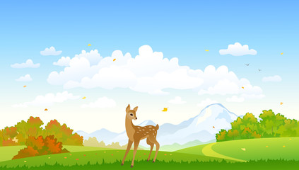 Autumn park landscape with a cute deer, colorful forest background