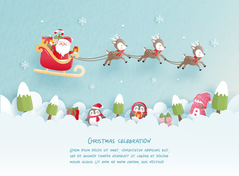 Christmas card in paper cut style. Vector illustration