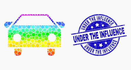 Naklejka premium Dot bright spectral car mosaic icon and Under the Influence seal stamp. Blue vector rounded grunge seal stamp with Under the Influence message. Vector collage in flat style.
