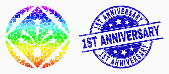 Pixelated bright spectral rhombus fireworks stamp seal mosaic pictogram and 1St Anniversary seal stamp. Blue vector round grunge stamp with 1St Anniversary title. Vector combination in flat style.