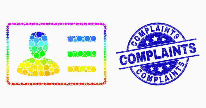 Pixel rainbow gradiented user card mosaic icon and Complaints seal stamp. Blue vector rounded scratched seal stamp with Complaints text. Vector combination in flat style.