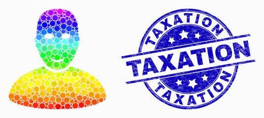 Dotted spectral user mosaic icon and Taxation seal. Blue vector rounded textured seal with Taxation phrase. Vector combination in flat style. Spectral gradient user mosaic of scattered spheres,