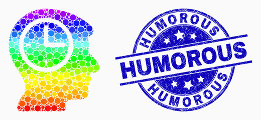 Dotted spectral time thinking mosaic pictogram and Humorous seal stamp. Blue vector round distress seal stamp with Humorous title. Vector combination in flat style.