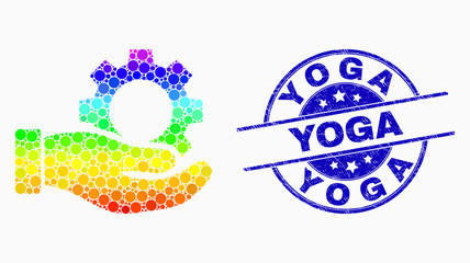 Dotted rainbow gradiented gear service hand mosaic pictogram and Yoga seal stamp. Blue vector rounded scratched seal with Yoga caption. Vector composition in flat style.