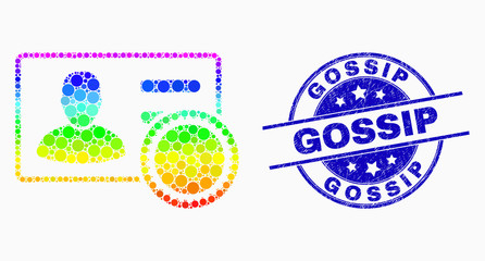Pixelated rainbow gradiented stamped user card mosaic pictogram and Gossip stamp. Blue vector round distress seal stamp with Gossip title. Vector combination in flat style.