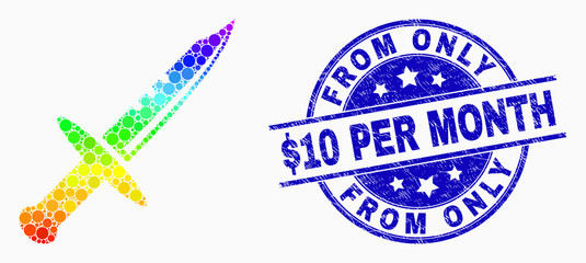 Pixel bright spectral sword mosaic icon and From Only $10 Per Month seal stamp. Blue vector round distress seal with From Only $10 Per Month phrase. Vector collage in flat style.