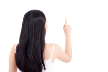 Fototapeta na wymiar Portrait of beautiful young asian woman happiness standing finger pointing something isolated on white background, girl is a smile, back view.