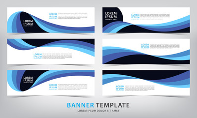 set of six abstract blue wave web banner templates, vector illustration
