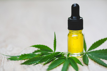  CBD hemp oil, Hemp oil extract in glass bottles, medical marijuana concept.