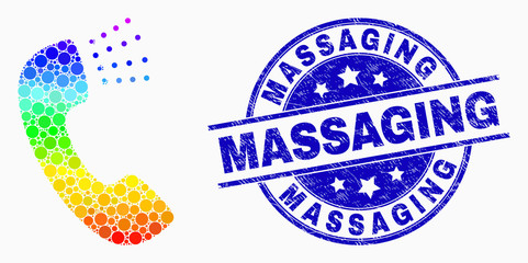 Pixel rainbow gradiented phone sound mosaic icon and Massaging seal stamp. Blue vector round distress watermark with Massaging title. Vector composition in flat style.