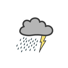 Rain with thunderstorms and lightning. Symbol of the weather. Color Vector hand drawn illustration of doodle style.
