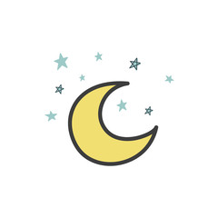 Naklejka na ściany i meble A drawing of a yellow moon with doodle-style stars. vector illustration. Hand-drawn drawing.