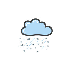 Picture of blue cloud with rayn and snowflakes. Symbol of the weather. Vector drawing by hand in the style of a doodle.