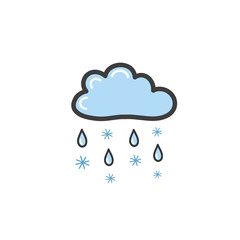 Drawing blue clouds with rain and snowflakes in the style of a doodle. Symbol of rainy weather. Vector drawing by hand.