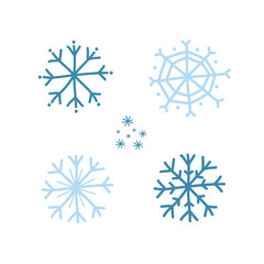 A set of blue snowflakes. Drawing in a doodle. Vector Illustration by hand.