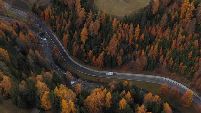Aerial: RV Drives Along Winding Road Through Autumnal Pine Forest Along Rocky River - South Tyrol, Italy