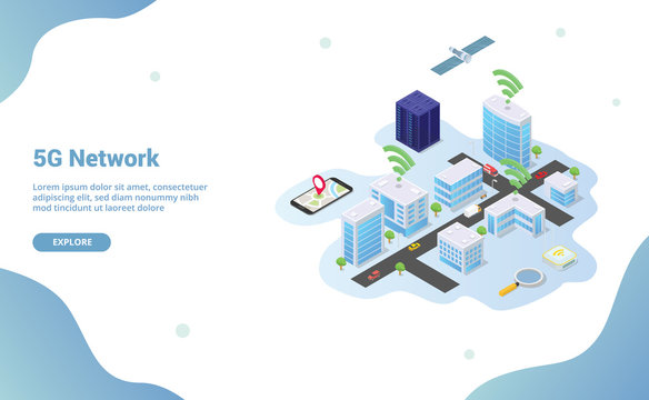 5g Network On Smart City Building Technology With Wifi Signal With Isometric Modern Style For Website Template Or Landing Homepage - Vector