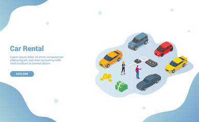 car rental business concept with various cars model and paper contract with team people with modern isometric style for website template or landing homepage - vector