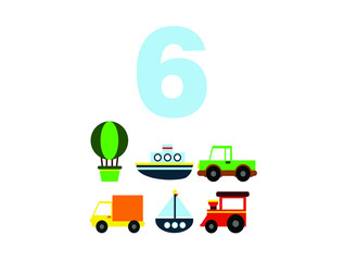 numbers for children with examples. Kids learning material. Card for learning numbers. children's cartoon cars, ships, balloon, airplane